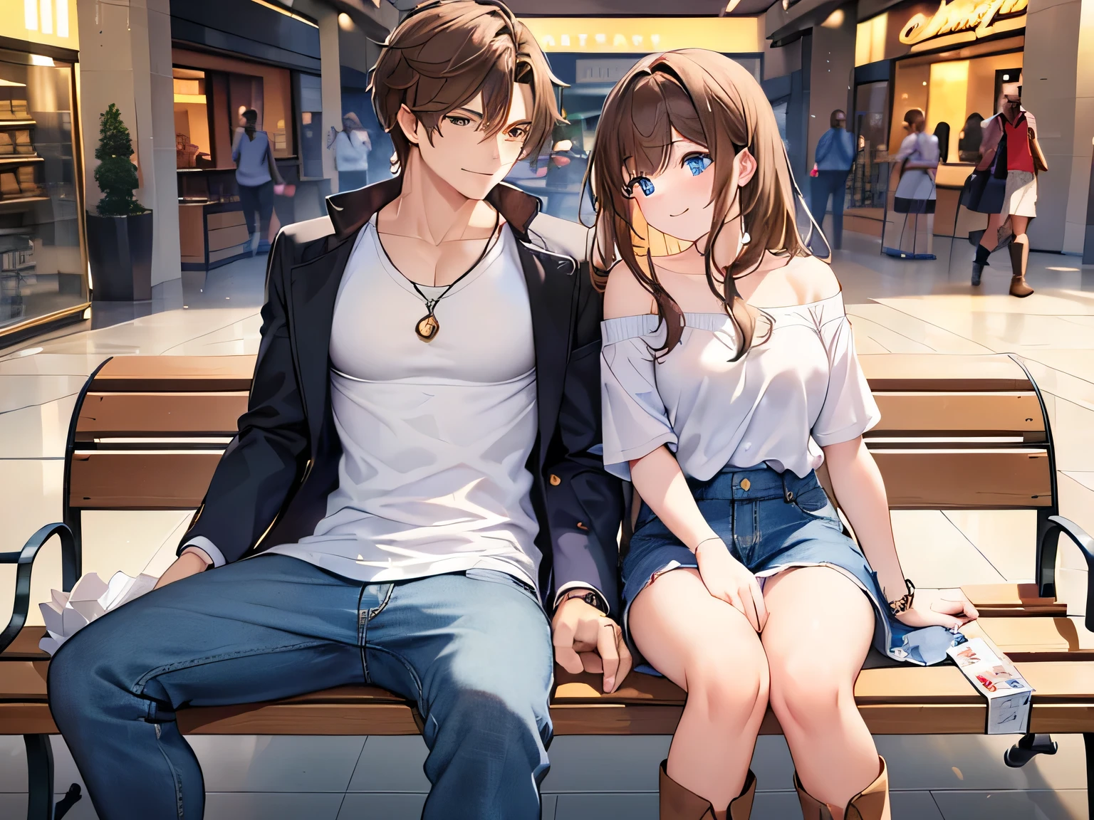 (Masterpiece, top quality, high resolution, realistic photo, realistic looking skin:1.1),
(Male and female couple sitting on a bench in a shopping mall:1.5),
(They both have smiling faces:1.5),
(Woman is wearing off-shoulder knit, mini skirt, long boots and long brown hair:1.8),
(The man is a handsome man wearing a T-shirt and a tailored jacket and denim:1.8),
(Location is a bench in a shopping mall:1.5),
Full-bodied Esbian, beautiful eyes, glowing eyes, glowing thighs, NSFW.