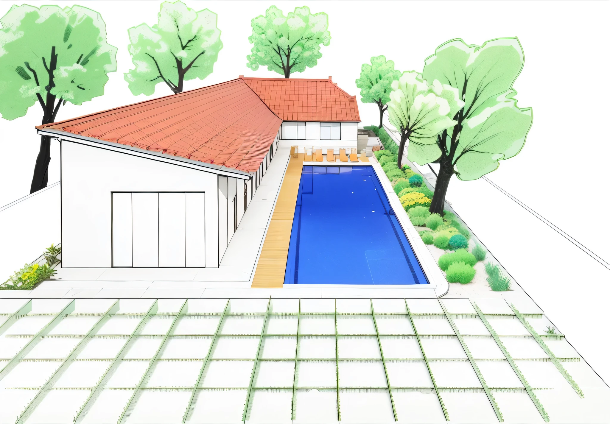 Organic modern architecture on a fairly large plot, From , there is a swimming pool in the middle of a large house of a flower, color of the house in chocolate brown and black beams, large modern residence, flat roofs and garden, render luxcore, render oktane, photoreal render, building rendering, mantra rendering, building rendering, Realistic rendering, archviz, wellness pool,  archviz, large green zones, with small zones of lavender flowers, green shrubs type lush green garden, as well as small water mirrors, swimming pool embedded in an area of sand, olive and pine trees around the house, paddle court next to the house
