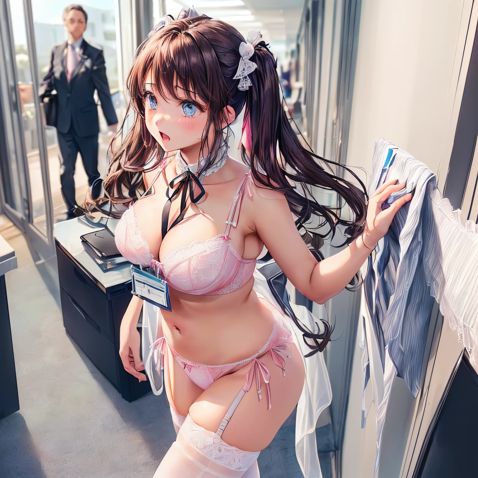 ((3人の下着姿の女性はOffice corridorを並んでセクシーに歩いている:1.4), ((highest quality)), (Super detailed), (Very detailed CG 統合 8k 壁紙), Very detailed, High resolution raw color photos, Professional photography, Brown Hair, Twin tails, Great face and eyes, Beautiful and large breasts, Slender body, (Stunningly beautiful woman), (Beautifully detailed eyes:1.3), (Detailed face:1.2),(Office corridor, Many businessmen walking down the corridor:1.3) ,((The woman in the center is wearing stylish white lingerie with black lace on white fabric.), (A white bra with black lace on a white fabric.), ((Stylish white satin side-tie panties with lavish embellishments), (White panties with black lace on white fabric))), ,((The woman on the left is wearing stylish pink lingerie.), (A pink-based bra with white lace decoration on pink fabric.), ((Stylish pink satin side-tie panties with lavish embellishments), (Pink-based panties with white lace decoration on pink fabric))) ,((The woman on the right is wearing stylish lingerie with a light blue base.), (A light blue-based bra with white lace decoration on light blue fabric.), ((Stylish light blue satin side-tie panties with lavish embellishments), (Panties with a light blue base and white lace decoration))), (garter belt, Knee socks:1.1), Exact number of arms, Exact number of legs, Perfect Anatomy, (Embarrassed expression, Surprised expression), Angle from the front, (Employee ID card from the neck:1.3)