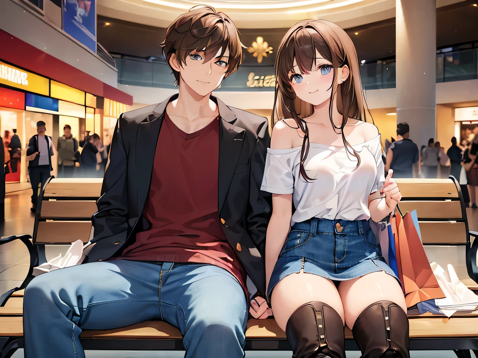 (Masterpiece, top quality, high resolution, realistic photo, realistic looking skin:1.1),
(Male and female couple sitting on a bench in a shopping mall:1.5),
(They both have smiling faces:1.5),
(Woman is wearing off-shoulder knit, mini skirt, long boots and long brown hair:1.8),
(The man is a handsome man wearing a T-shirt and a tailored jacket and denim:1.8),
(Location is a bench in a shopping mall:1.5),
Full-bodied Esbian, beautiful eyes, glowing eyes, glowing thighs, NSFW.