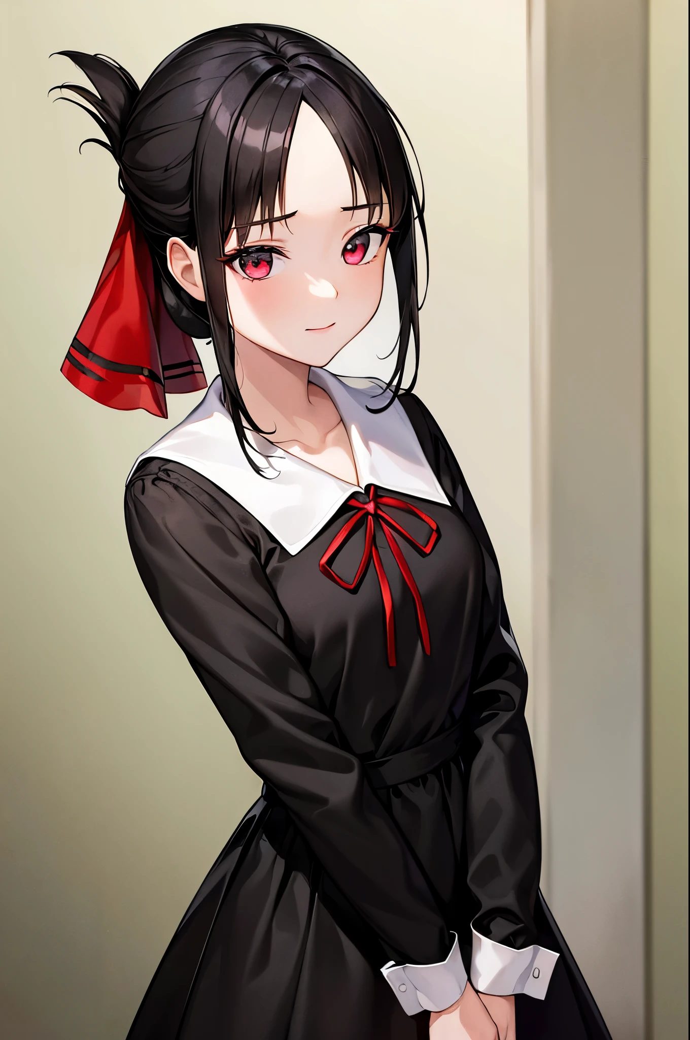 (masterpiece, best quality:1.2), expressive eyes, perfect face, highres,1girl, solo, aakaguya, short hair, folded ponytail, hair ribbon, parted bangs, neck ribbon, red ribbon, black dress, black shirt, long sleeves, black sleeves, schoolyard background, smiling, standing, cowboy shot, looking at the viewer