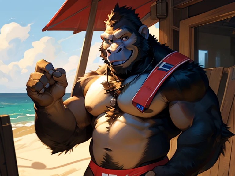 (male), solo standing (by honovy, by darkgem, by narse, by tojo the thief), (king kog:1.2), fur, monkey, gorilla, quality eyes, naked, beach, lifeguard thong underwear, anatomically correct, fluffy neck, (smile) ,looking at viewer