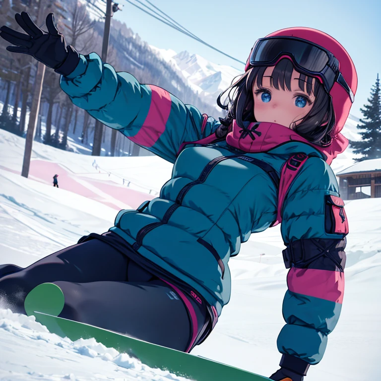 Girl enjoying snowboarding at the ski resort:1.5、realistic sliding、burton snowboard、snowboarder girl、burton clothing、snow day、Gentle sunlight