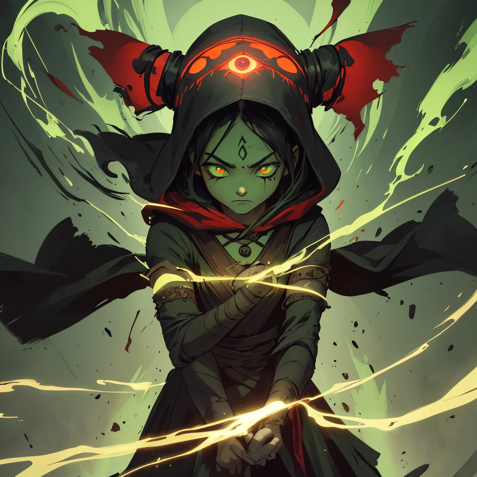 , wearing black-and-red, mummy-like tattered robe adorned with ancient markings, face is obscured by a mask or hood, (glowing green eyes), ((levitating)), high detail, sharp focus, dramatic, photorealistic painting art ,all people green souls,lurid,necromace,green aura,fight pose,all wraith control