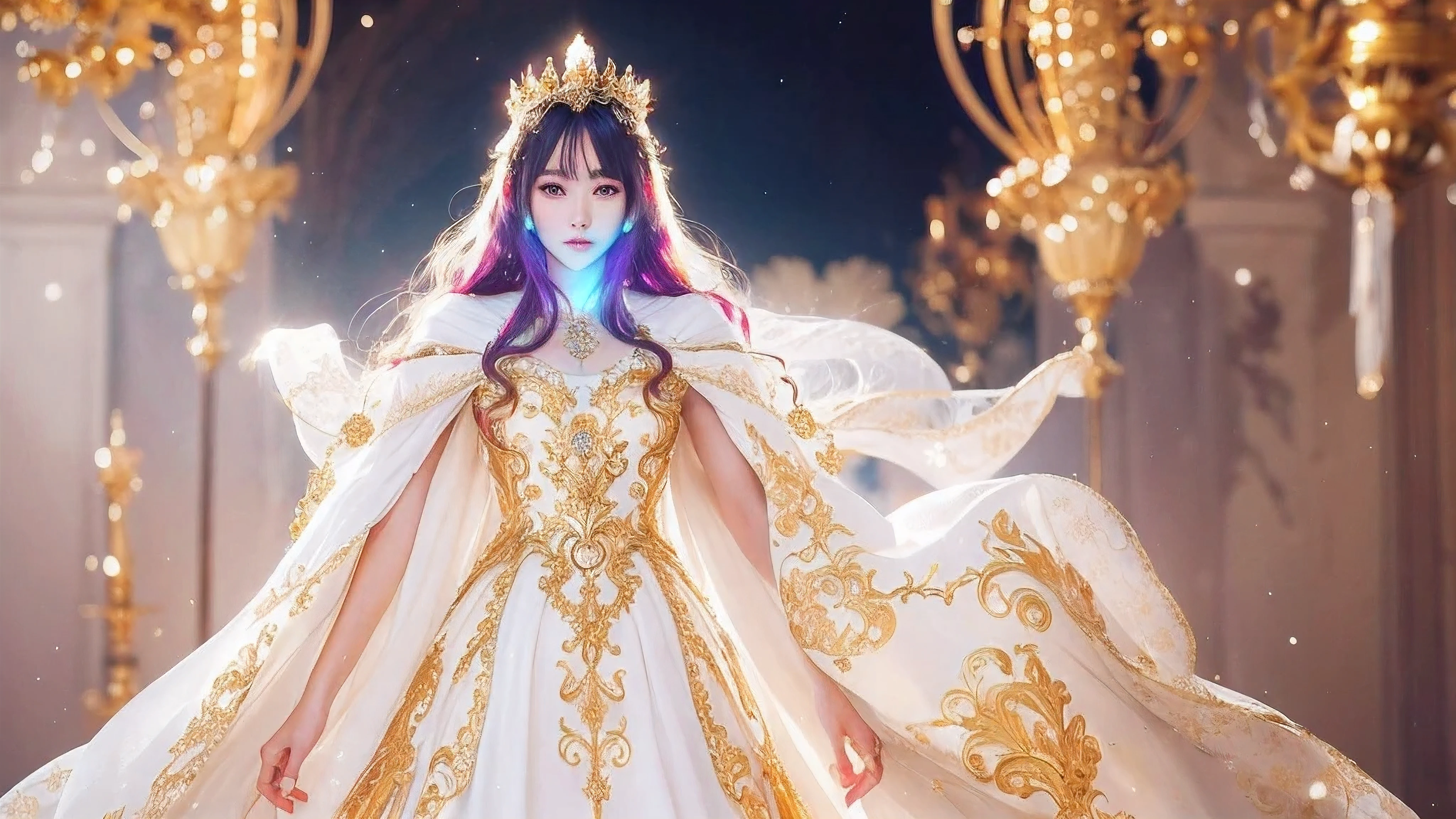Anime Princess Style, face is a fair and (cool), all picture quality , mystical ,delicate and precise ,detailed background ,colorful picture ,high quality, luxury, full body shot, Hair color white, Golden Crown, gorgeous intricately detailed dress, golden ornaments, white cloak,