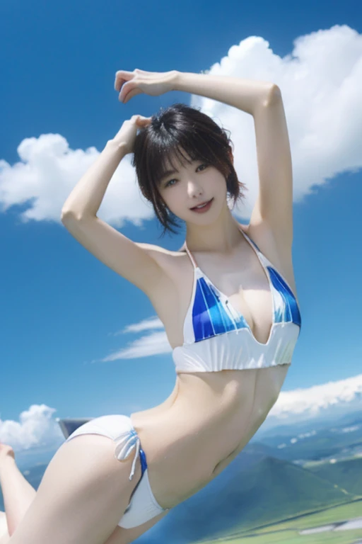 A beautiful Japanese woman in her late 20s with a bob cut is skydiving in the sky４０００Meters、She is sensual、Micro Bikini、Very sexy swimsuit、She has her arms and legs spread wide and is having so much fun.！Clear focus