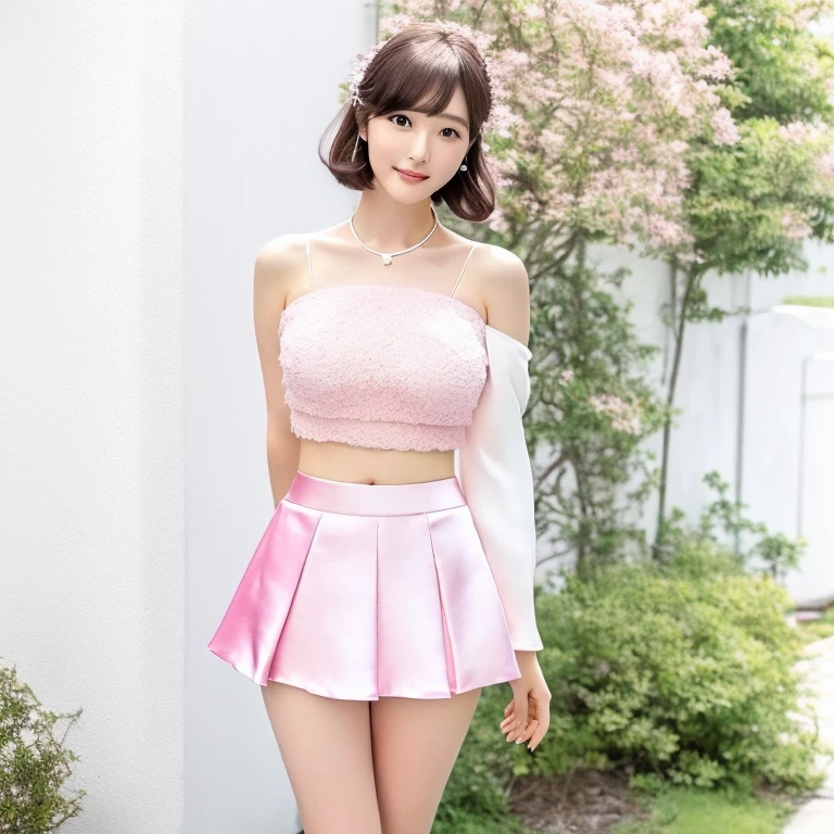 a woman in a Pink Skirt and white top posing for a picture, Takano Aya color style, Short puffy pants made of silk, Pink Skirt, korean female fashion model, Beautiful short skirt, Pink mini skirt, White and pale pink outfit, tsubasa nakai's style, Cute pastel colors for a feminine look, inspired by Tsuruko Yamazaki, ((bikini:1.2))