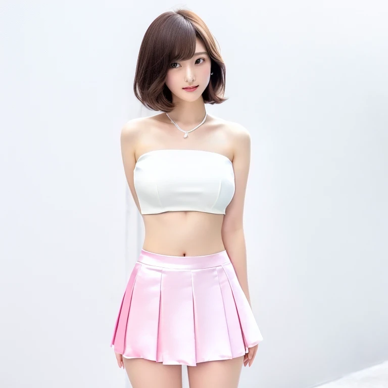 a woman in a Pink Skirt and white top posing for a picture, Takano Aya color style, Short puffy pants made of silk, Pink Skirt, korean female fashion model, Beautiful short skirt, Pink mini skirt, White and pale pink outfit, tsubasa nakai's style, Cute pastel colors for a feminine look, inspired by Tsuruko Yamazaki, ((bikini:1.2))