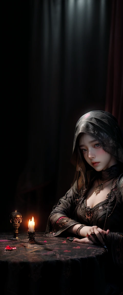 ((masterpiece, best quality, Highest image quality, high resolution, Reality, original photo, 8k)), Tarot, tolkien, Middle-earth, ((Tarot cards on the table:1.5)), (Fortune teller with face covered by veil:1.5), 8k, Very detailed, Surrealism, Movie Lighting, Ambient Lighting, Bridget, as a fortune teller, earring, Necklace, necklace, jewelry, ring, Dark lipstick, Dark Makeup, a roundabout, Sit in the back! one张桌子, one! Fortune teller celestial body on the table, one! skull on table, Candle, 在one个黑暗的中世纪小房间里,