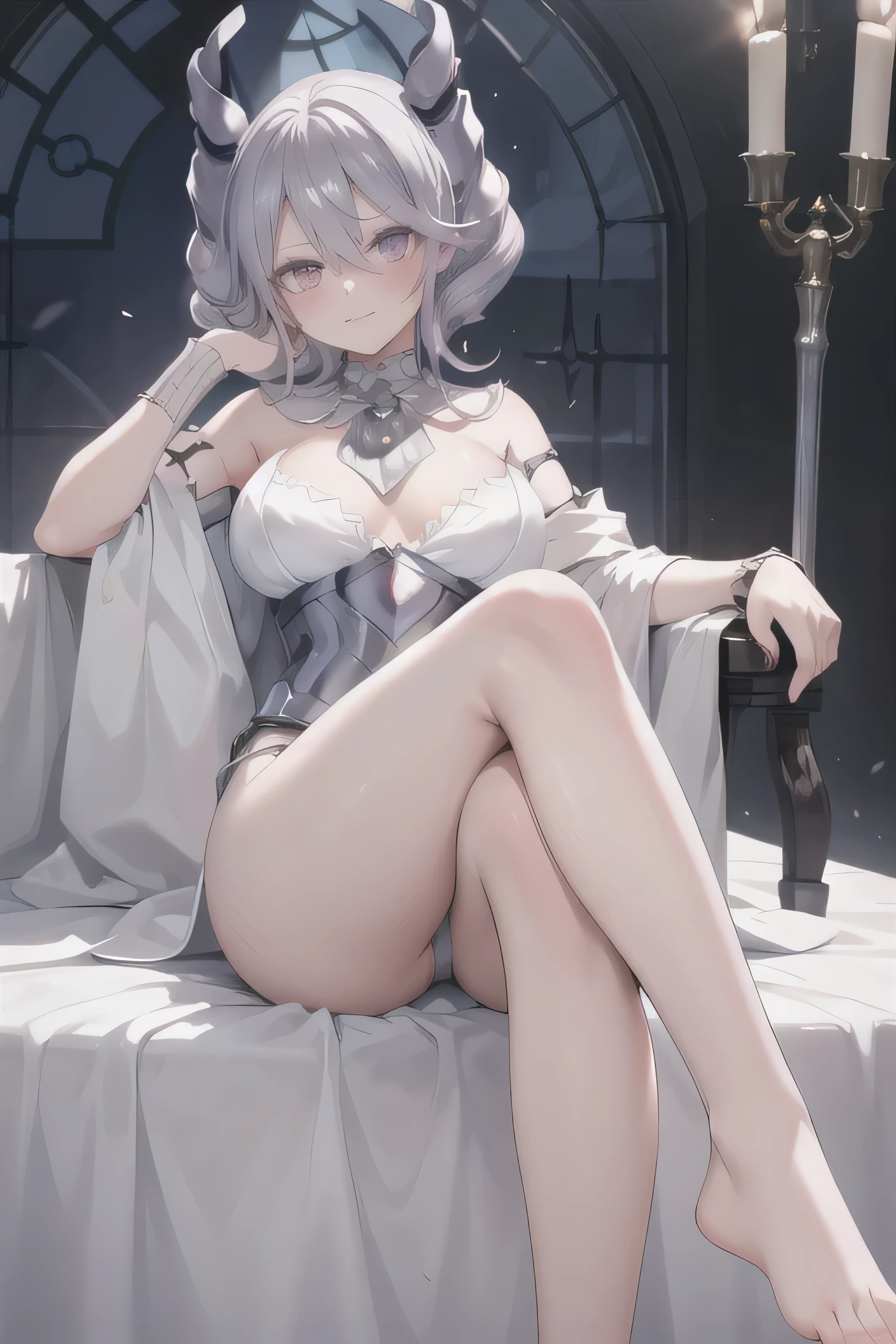 ((masterpiece,best quality)), 1girl, labrynth, , short hair, Maronite hair color, pink eye, horn, no underwear,silver barefoot, sitting, from below, face ,eye, fixed eye, sinister evil girl look , fixed leg,  legs crossed, hand on chin, fixed foot , fixed toe