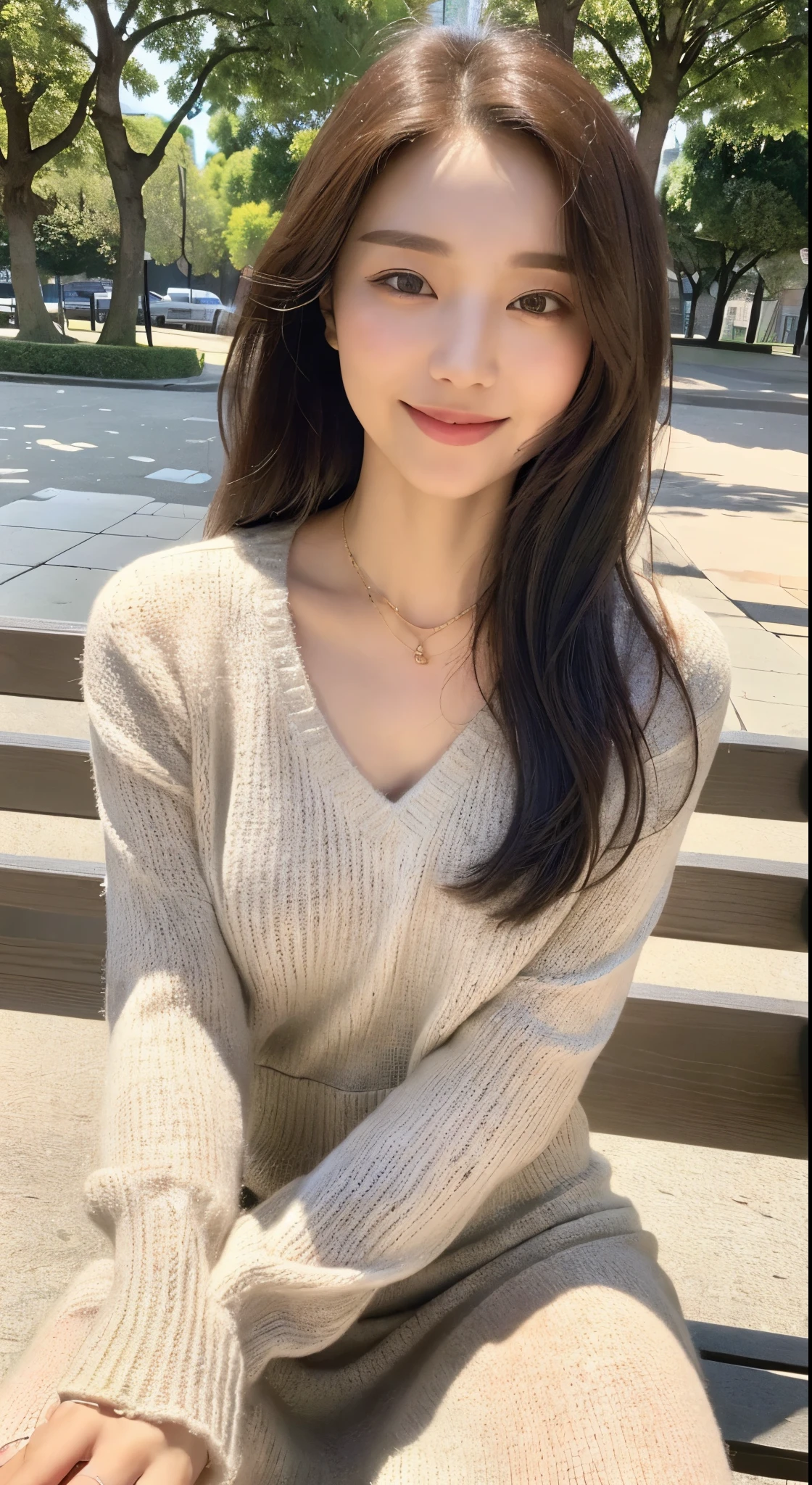 ((top quality, 8k, masterpiece: 1.3)), focus: 1.2, perfect body beauty: 1.4, buttocks: 1.2, (((delicate hair)), (sweater dress: 1.1), (sports car, street: 1.2), highly detailed face and skin texture, narrow eyes, double eyelids, whitened skin, smile, necklace, ring, person sitting on a park bench.