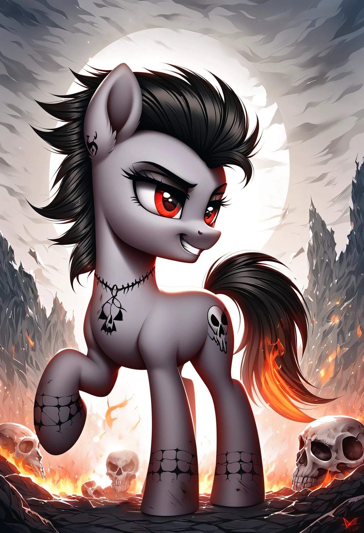 score_9, score_8_up, score_7_up, MLP, black fur, firey hair, red eyes, death, skull tattoo, desolate landscape, fire in the background, post-apocalyptic scene, only one pony, solo scene