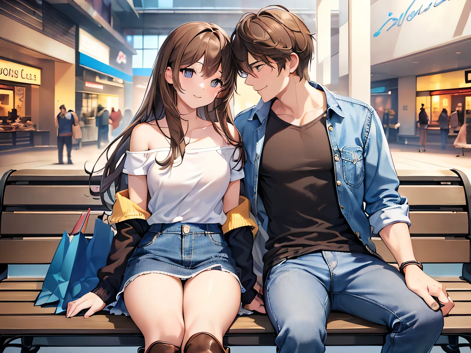 (Masterpiece, top quality, high resolution, realistic photo, realistic looking skin:1.1),
(Male and female couple sitting on a bench in a shopping mall:1.5),
(They both have smiling faces:1.5),
(Woman is wearing off-shoulder knit, mini skirt, long boots and long brown hair:1.8),
(The man is a handsome man wearing a T-shirt and a tailored jacket and denim:1.8),
(Location is a bench in a shopping mall:1.5),
Full-bodied Esbian, beautiful eyes, glowing eyes, glowing thighs, NSFW.