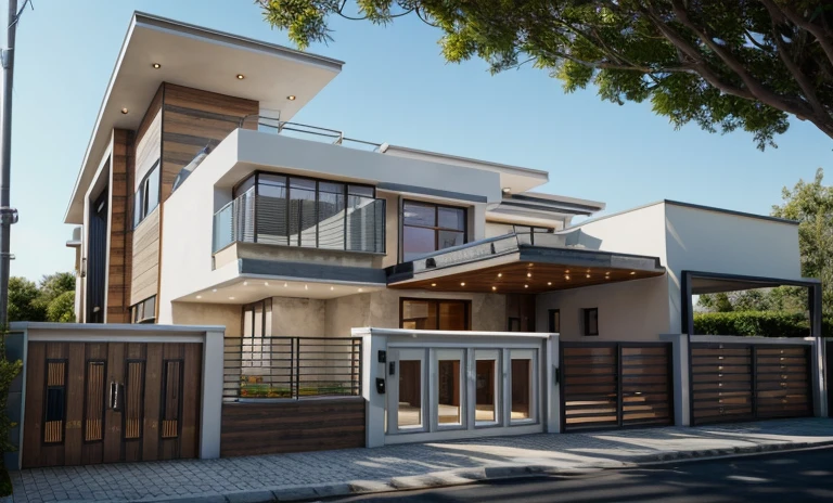 (masterpiece),(high quality), best quality, real,(realistic), super detailed, (full detail),(4k),8k,modern house exterior design,Modern architecture,Beautiful_sky,Day light, no_humans, outdoors,sky,tree,Garden flower front of building