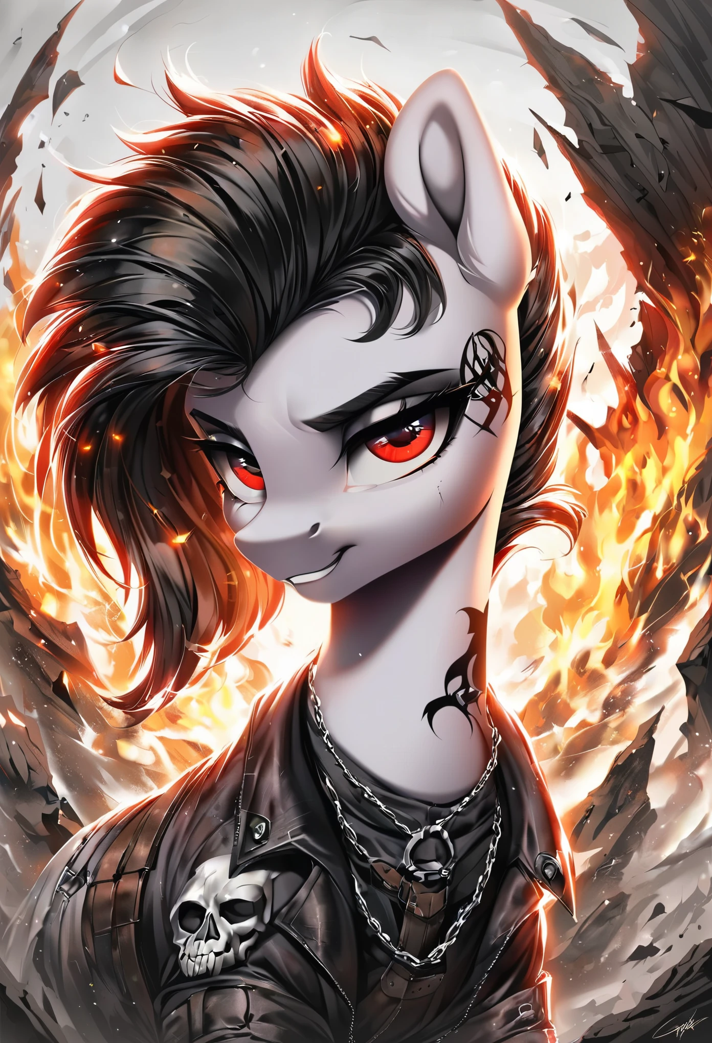 MLP, black fur, firey hair, red eyes, death, skull tattoo, desolate landscape, fire in the background, post-apocalyptic scene, only one pony, solo scene