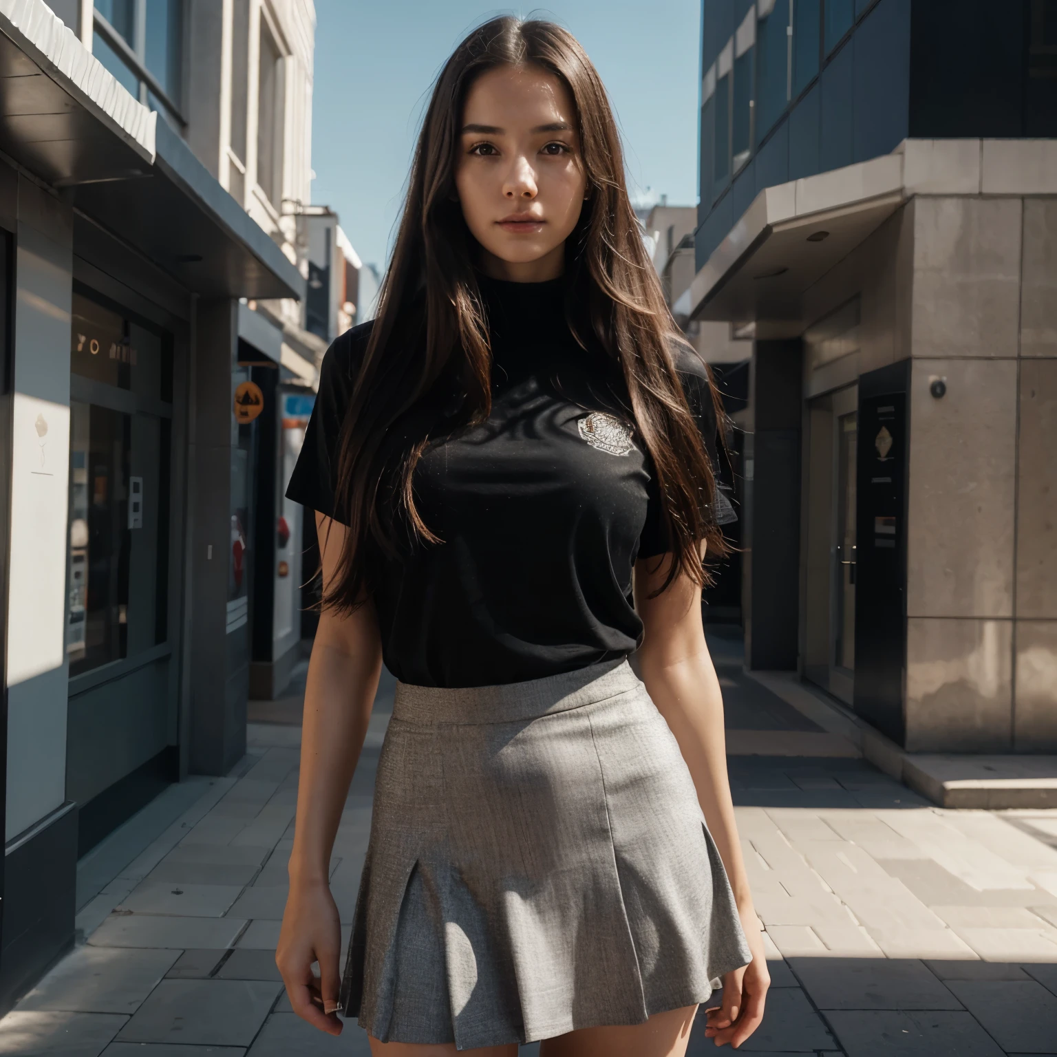 Young woman at 25: 1.3, Long hair: 1.2, Professional skirt: 1.2, Daytime: 1.2, Square: 1.2, cinematic lighting, Surrealism, UHD, ccurate, Super detail, textured skin, High detail, Best quality, 8k