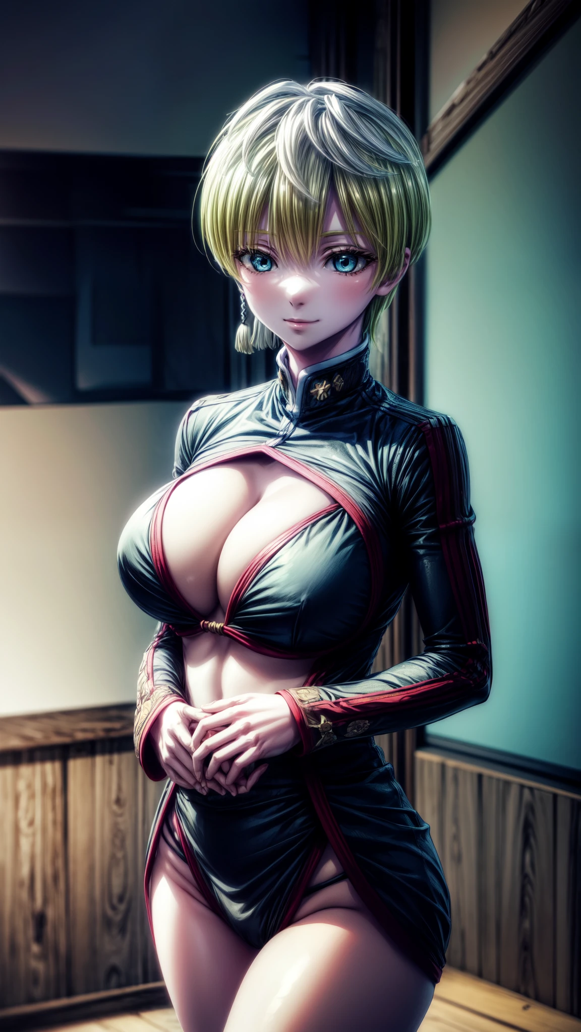 tenkaizumo, tenka izumo, short hair, blue eyes, blonde hair, smile, Large , thick thighs,   
BREAK bikini
BREAK outdoors, beach
BREAK looking at viewer, (cowboy shot:1.5),
BREAK (masterpiece:1.2), best quality, high resolution, unity 8k wallpaper, (illustration:0.8), (beautiful detailed eyes:1.6), extremely detailed face, perfect lighting, extremely detailed CG, (perfect hands, perfect ),