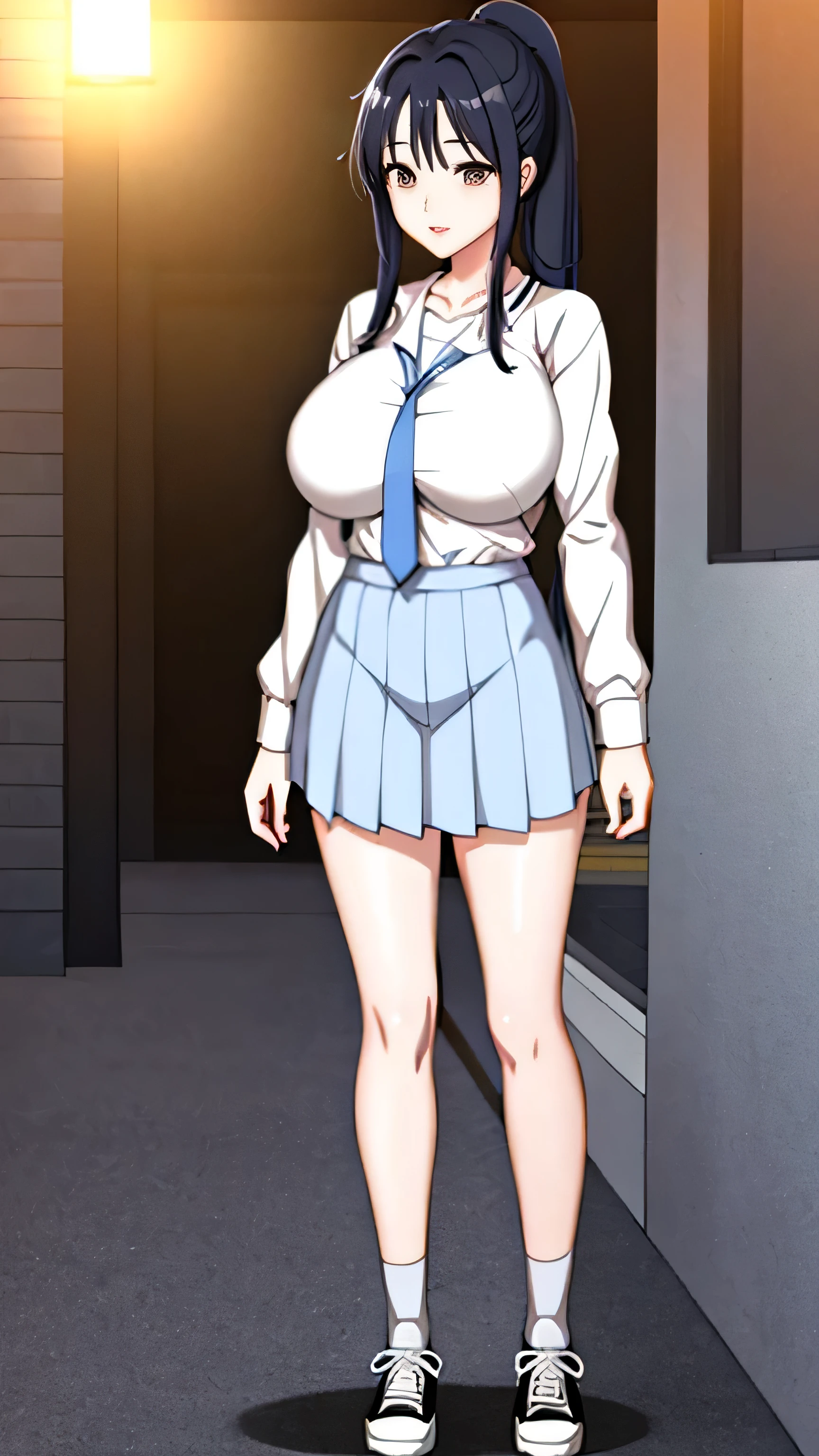 anime girl with ponytail and tie in a , anime moe artstyle, as an anime character, wearing , wearing a , nagatoro, an anime girl, cel shaded anime, wearing japanese , hinata hyuga, cel - shaded art style, beautiful anime high school girl, female anime character, anime character, in an anime style, ((full body)), converse, converse high, (big breasts),