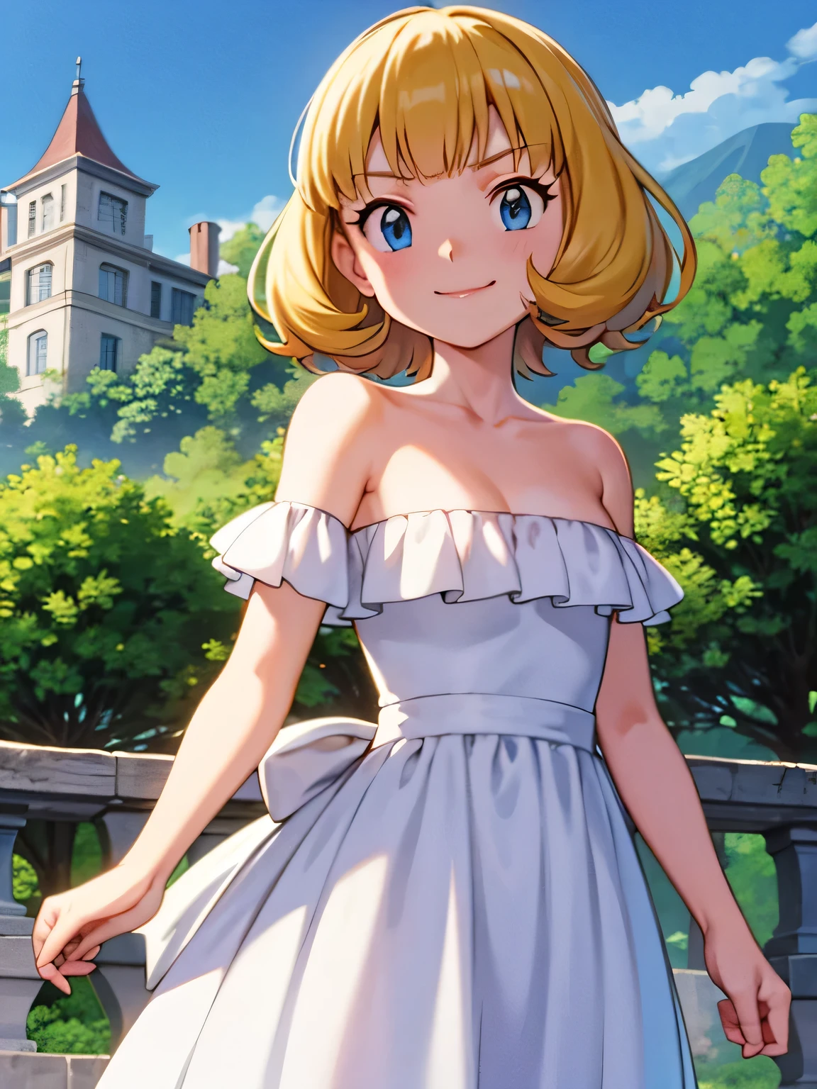 pokemovies, sugimori ken, ken sugimori ken \(style\), anime screencap, masterpiece, best quality, highres, outdoors, small breasts, 1 girl, Solo, Blue Eyes, Beautiful Detail Eyes, Blonde Medium Hair, Short Hair, Bangs, Good hands are down, Smile, Blushing, Bare Neck, Bare Shoulders, strapless, Blue Ruffle Off-the-Shoulder maxi dress. Standing up. Cowboy shot. A landscape of blue skies, a mountain, a mansion, an garden maze
