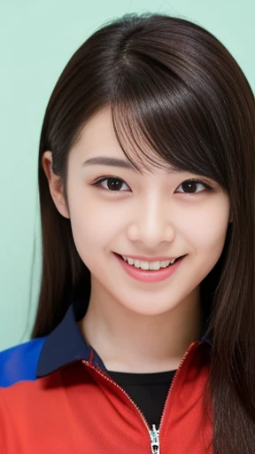 It captures a beautiful 24-year-old Japanese woman with the figure of a member of Japanese idol groups Keyakizaka46 and Nogizaka46.。She is a volleyball player。With a smile、The corners of the mouth are slightly turned up。Her natural charm and bright smile、It's overflowing from the photo。Her pose and charming smile、It fascinates the viewer。White sleeveless uniform。In the background、basketball、Clothes with wide chest、short hair