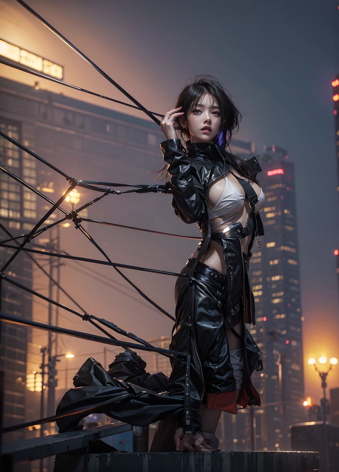 highest quality、Surreal、Perfect Anatomy、Crowded downtown area、Surrounded by spectators、Crowd、Wet and shiny white skin、Sweat dripping all over the body、Slender model figure、Ahegao、blush、micro bikini、rainbow hair、soaked、Super small face、Collars and Leads、Natural lighting、Photo session、Japanese sword、Cleavage、Cyberpunk City、Neon lights、Rubber Suit、Cyberpunk Girl、