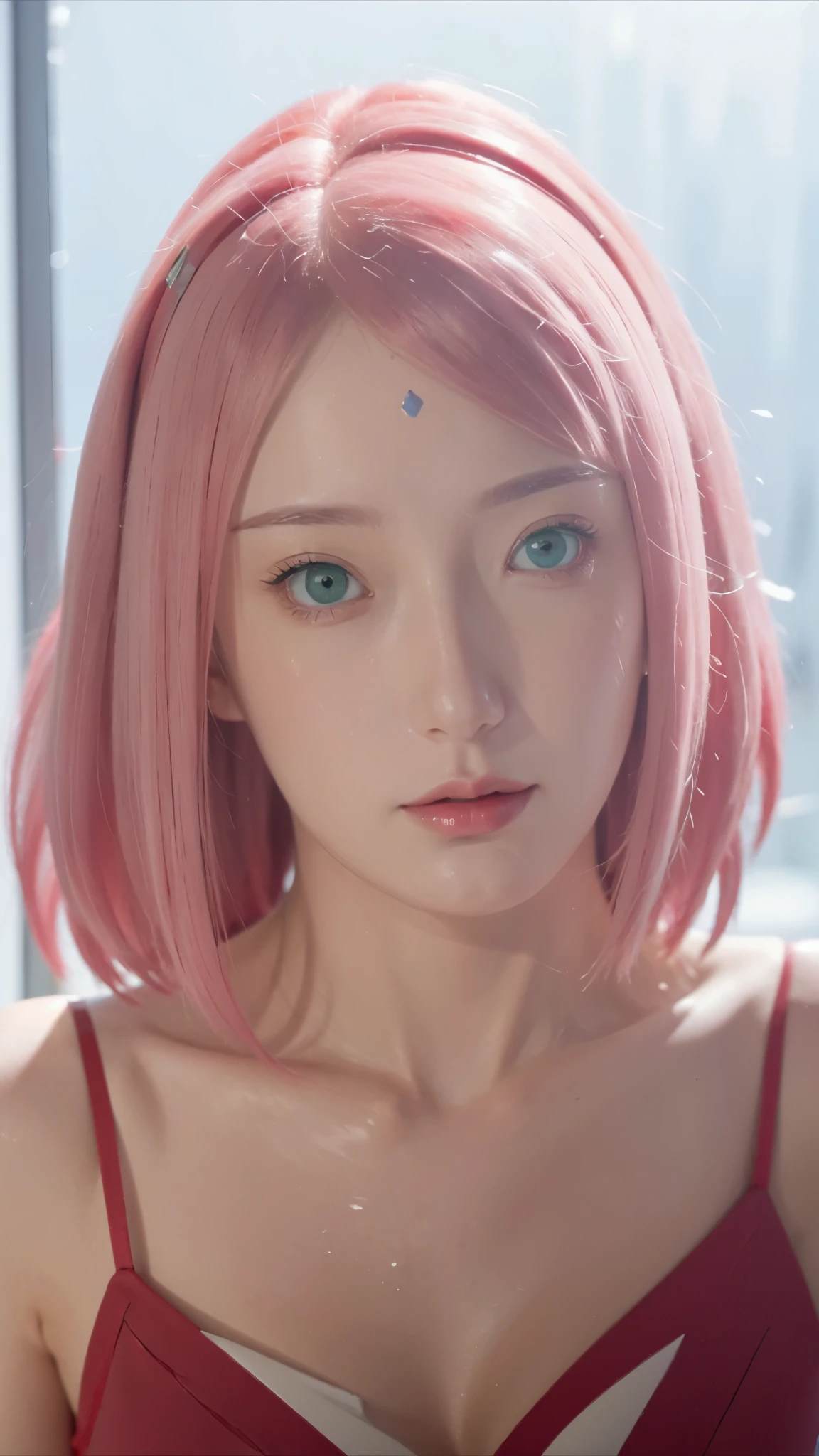 masterpiece, ,(solo:1.1), perfect face, (bright lighting:1.2),beautiful detailed eyes, extremely detailed face, perfect lighting,masterpiece, best quality, 1girl,haruno sakura from anime Realistic 