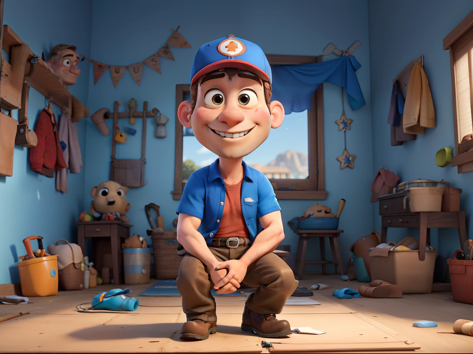 UMA IMAGEM DE um HANDYMAN, With my arms crossed and smiling, com barba, wearing blue cap and red shirt, com cinto de ferramentas e botas pretas, estilo disney pixar 3d, em um BACKGROUND amarelo