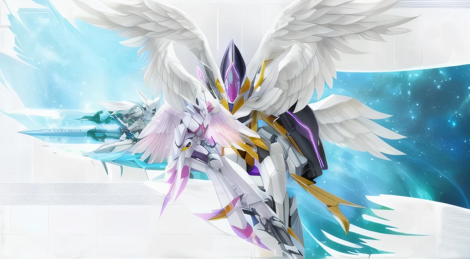 anime - style figure of a winged bird with a sword in its hand, angewomon from digimon, armor angle with wing, angemon l sitting at the thrown, angel in plastic armor, futuristic robot angel, mecha wings, archangel, high angel distant shot, seraphim, cyborg wing, tron angel, detailed cosmic angelic robot