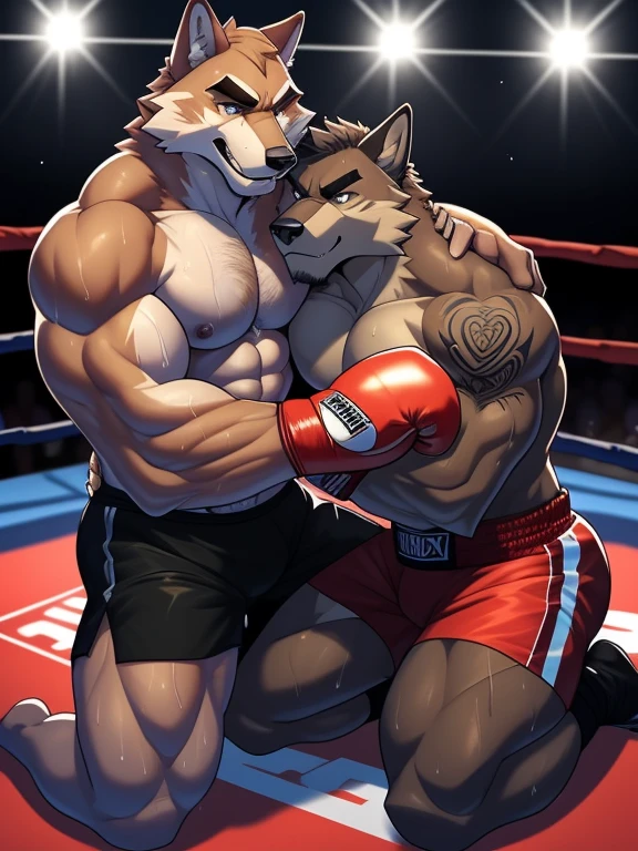 Duo big male fighters(Brown Wolf vs Marrow Wolf, handsomes, Thick eyebrows), beso gay(Cuddling kneeling from behind, in a boxing match), hot(Full body, shirtless), handsomes(They are handsomes, correct anatomy), musculosos(Big muscle bodies, Six packs, muscle abs, big pecs, muscle legs, muscle backs), sweaty(very sweaty wet bodies), tatuajes(they have tattoos), Angry(They have an angry expression), UFC gloves(They both are wearing reds boxing gloves), shorts(They both are wearing black shorts), Hight resolution