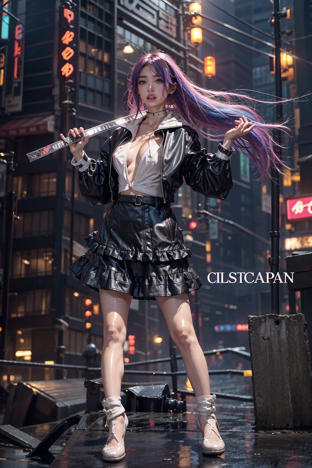 highest quality、surreal、perfect anatomy、crowded downtown area、Wet and shiny white skin、model body shape、micro bikini、Mechanical Fist、Sweat dripping all over the body、rainbow hair、Super small face、blush、Ahegao、Rainy evening、Natural lighting、Surrounded by spectators、Crowd、Photo session、Surrounded by cameras、Cleavage、Cyberpunk City、Neon lights、Cat ear、Japanese sword、Fishnet tights、