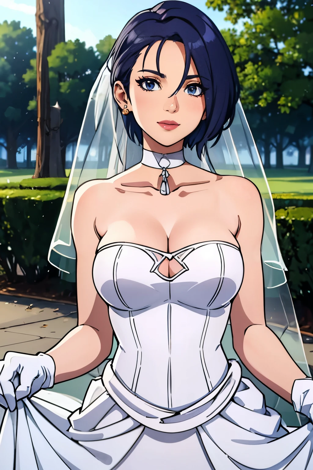 1girl, solo,Shamir fe, crown,earrings ,lipstick, eye shadow, makeup, hair between eyes, ahoge, hair ornament, gloves, dress, cleavage, bare shoulders, collarbone, white oprea gloves, white gloves, white dress, strapless, white choker, tiara, veil, strapless dress, wedding dress, bridal veil, beautiful woman, perfect body, perfect breasts, wearing a wedding dress, ball gown, in the park trees, wedding decorations, looking at the viewer,  smile, realism, masterpiece, textured skin, super detail, high detail, high quality, best quality, 1080p,