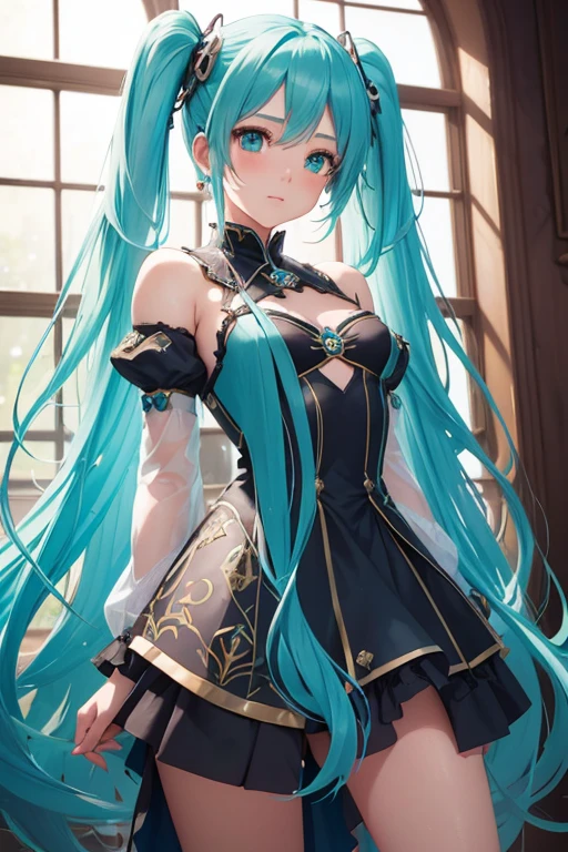 1girl, solo, blush, head tilt, legs apart, aquamarine eyes, aqua hair, aqua twintails, very long hair, kawaii, She wears fantasy-inspired clothing with fire motifs. Her outfit is asymmetric and soft, Hatsune Miku, (messy hair:1.2), shiny hair, looking at viewer, Beautiful eyes with fine symmetry, detailed face texture, beautiful detail eyes, (cinematic lighting:1.2), (detailed_light:1.1), (dreamy:1.1), (stylized:1.3), (Highly detailed), (high resolution), (Best quality), (masterpiece)
