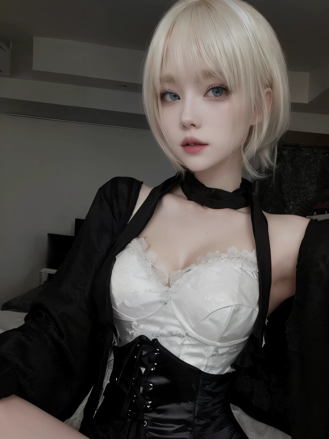 Blonde-haired woman wearing a black and white corset posing for a photo., peinado de corte hime blanco, ulzzang, chica anime en la vida real, cruel korean gothic girl, con el pelo largo y blanco, chica anime cosplay, 2b, 2 segundo, shikami, pale gothic beauty, pale porcelain white skin, con pelo corto, pale milky white porcelain skin