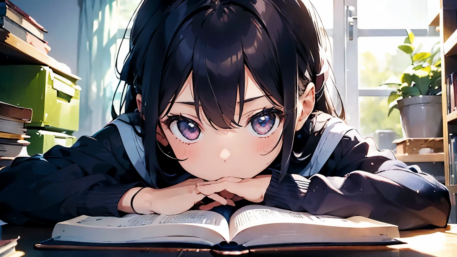 An image of a girl reading a book from a front-facing perspective. The girl's face is partially hidden behind the book, covering about half of her face. She has a focused expression as she reads, with her eyes visible just above the book. Her hair is styled in a way that complements her relaxed reading pose. The book has a colorful or interesting cover, adding visual interest to the scene. The background is softly blurred to emphasize the girl and the book, creating a serene and intimate atmosphere