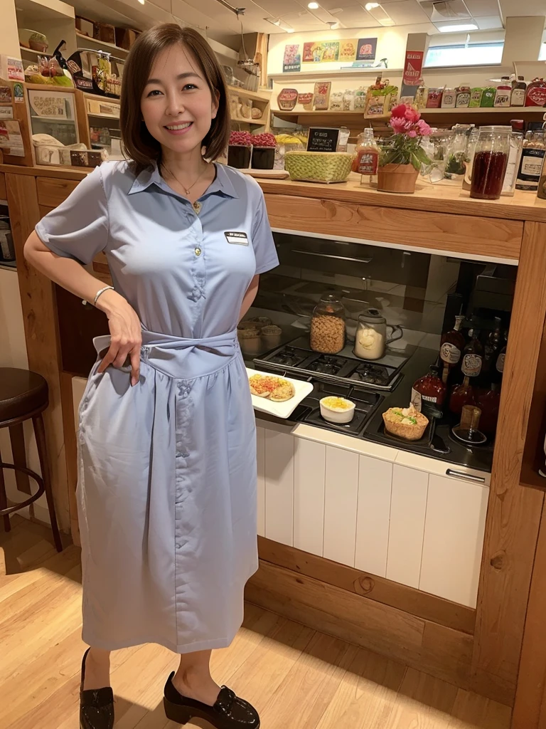 (highest quality),(8K),(masterpiece),(high resolution),(Mature women in their 40s),(3 mature women),The background is a cafe,Larger breasts,Short Hair,Full Body Shot,Waitress Uniform,smile,Slender,Beauty