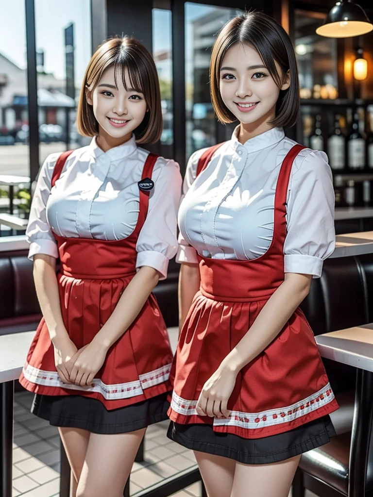 (highest quality),(8K),(masterpiece),(high resolution),(Crisp image quality),Three Women,The background is a cafe,Cafe attendant costume,Larger breasts、Short Hair,Full Body Shot,Waitress Uniform,smile