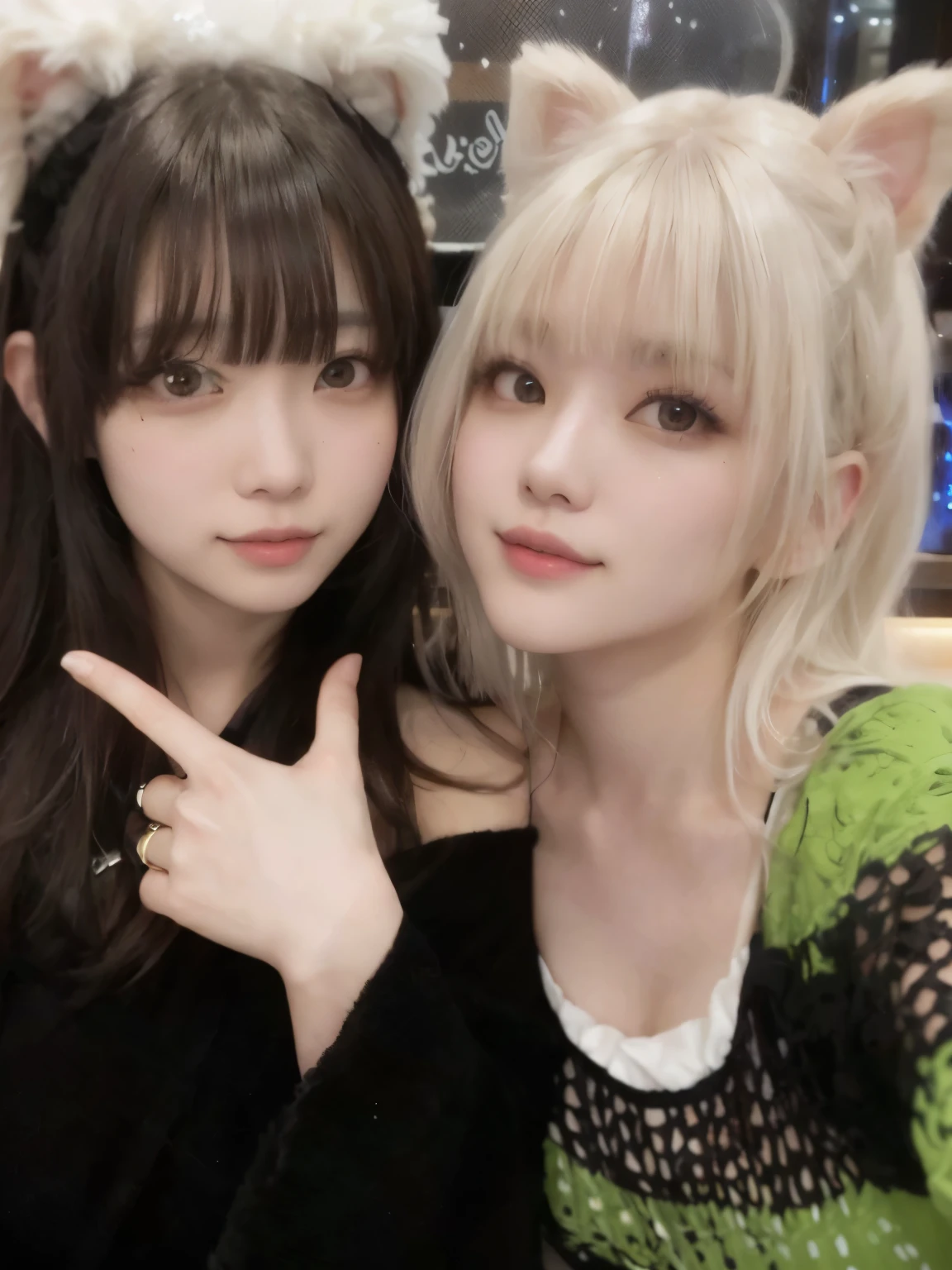 Dos chicas con orejas de gato posan para una foto en un restaurante., Ayami Kojima y Lyde Caldwell, shikami, Lalisa Manobal, yoshitomo nara and aya takano, pelo largo y blanco y flequillo, flequillo blanco, sakimichan, con flequillo, lolish, sakimi-chan, junko enoshima, el corte de hime