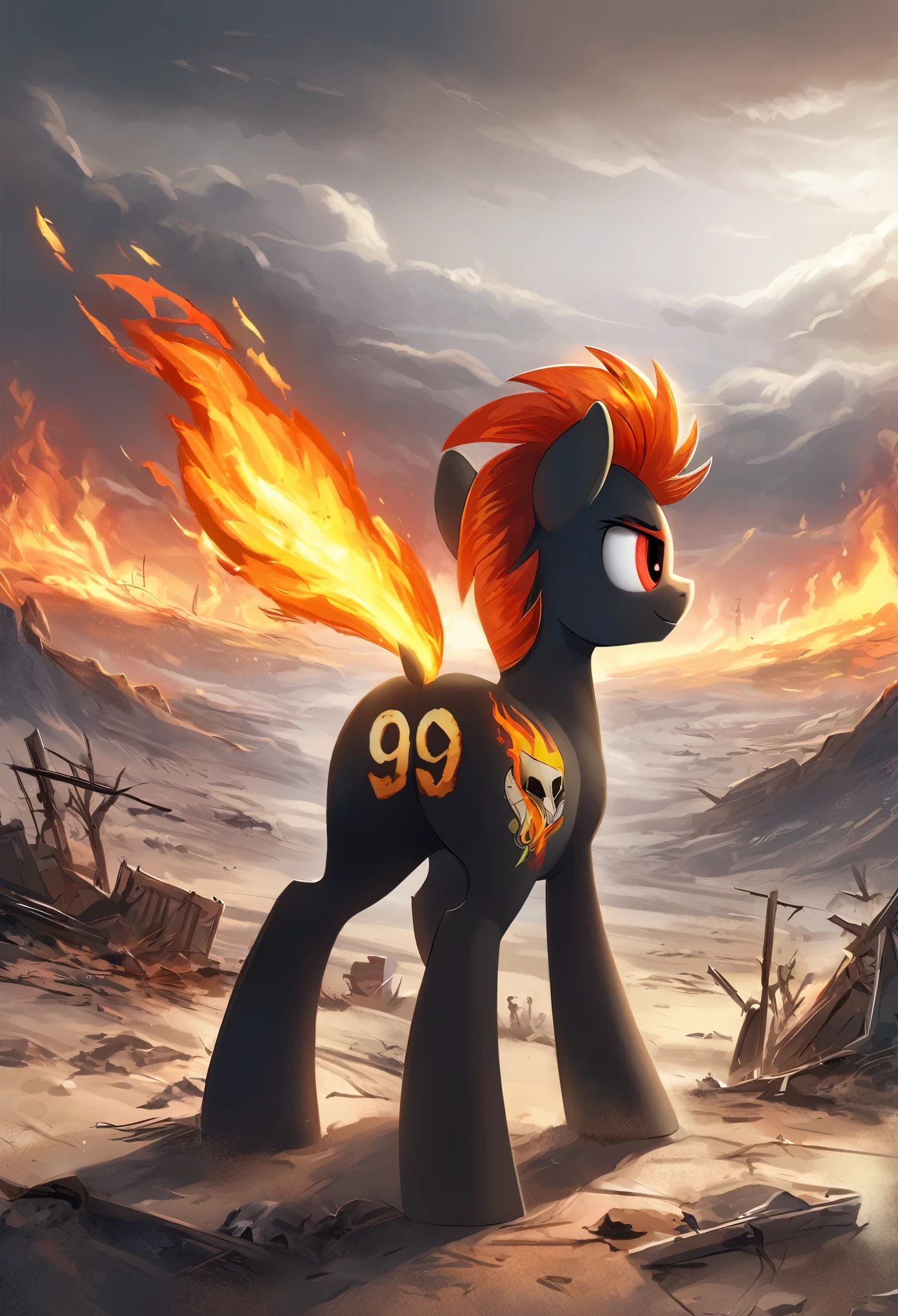 score_9, score_8_up, score_7_up, MLP, black fur, firey hair, red eyes, death, skull tattoo, desolate landscape, fire in the background, post-apocalyptic scene, only one pony, solo scene
