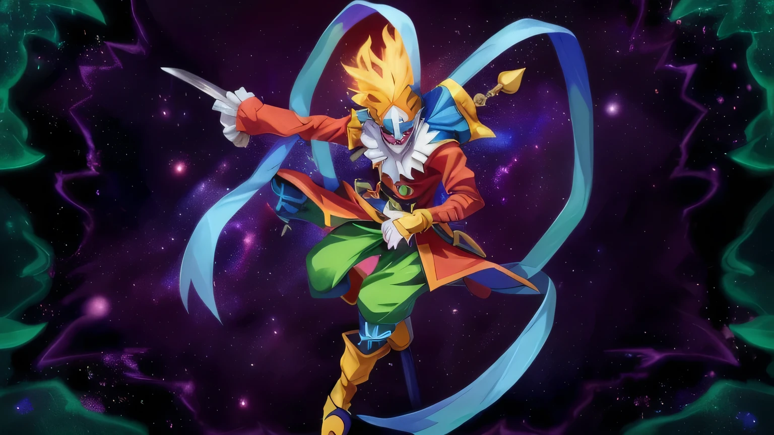 anime character with a sword and a fire on a purple background, jester, male jester, a clown floating in space, court jester, cutecore clowncore, shaco from league of legends, jester themed, fan art, medieval jester, style of duelyst, official art, official artwork, hq artwork, joker as naruto, chrono trigger guilty gear style