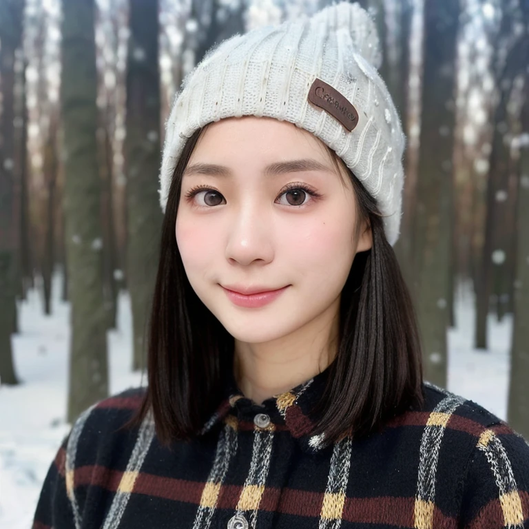 (kawaii 24 year-old Japanese girl, Nogizaka idol, Korean idol), (glossy black hair, short bob, even and symmetric hair design:1.3), (deep black eyes, rounded face, single eyelid, no makeup, soft smiling:1.2), (wearing longsleeved flannel shirt, knitted beanie:1.3), (extra small breasts:0.9), (facing straight at camera:1.2), BREAK, (snowy winter forest background:1.3), (portrait, id photo, bust shot, view from straight forward:1.3), (keep enough top margin to avoid the head cropped:1.3), BREAK, (masterpiece, best quality, photo realistic, official art:1.4), (UHD, 8K quality wallpaper, high resolution, raw photo, golden ratio:1.3), (shiny skin), professional lighting, physically based rendering, award winning, (highly detailed skin, extremely detailed face and eyes), Carl Zeiss 85 mm F/1.4, depth of field, 1girl, solo,