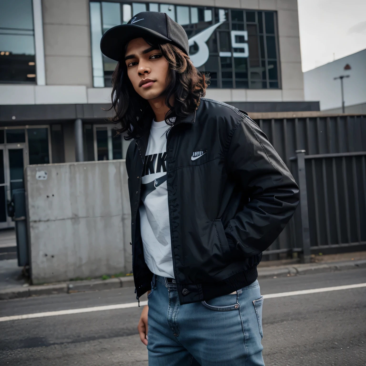 Young boy hight 6ft ,black curly hair ,wear jeans and jacket and nike shoes in lag, wear black hat on head and background write name rahul