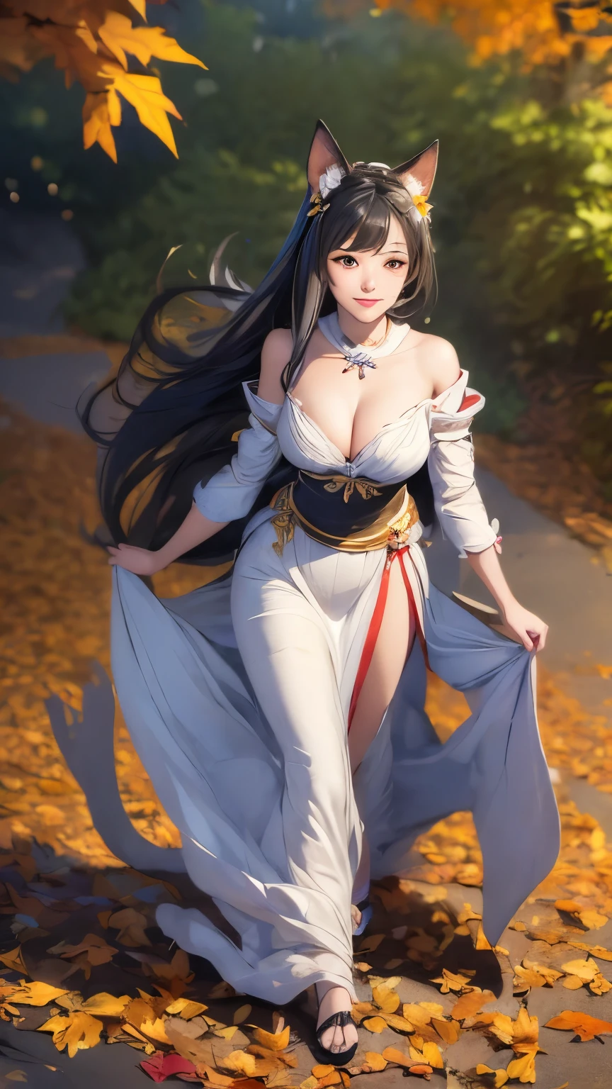 best quality, (masterpiece:1.35), wallpaper, (illustration), original, (depth of field), (1girl:1.35), (solo), full body, dynamic, detailed face,mature female, adult, (old:1.3), Medium breasts, Amused, happy,miko clothing, flower trim,absurdly long hair, black hair,dog ears volumetric lighting, fall leaves, Tyndall effect,