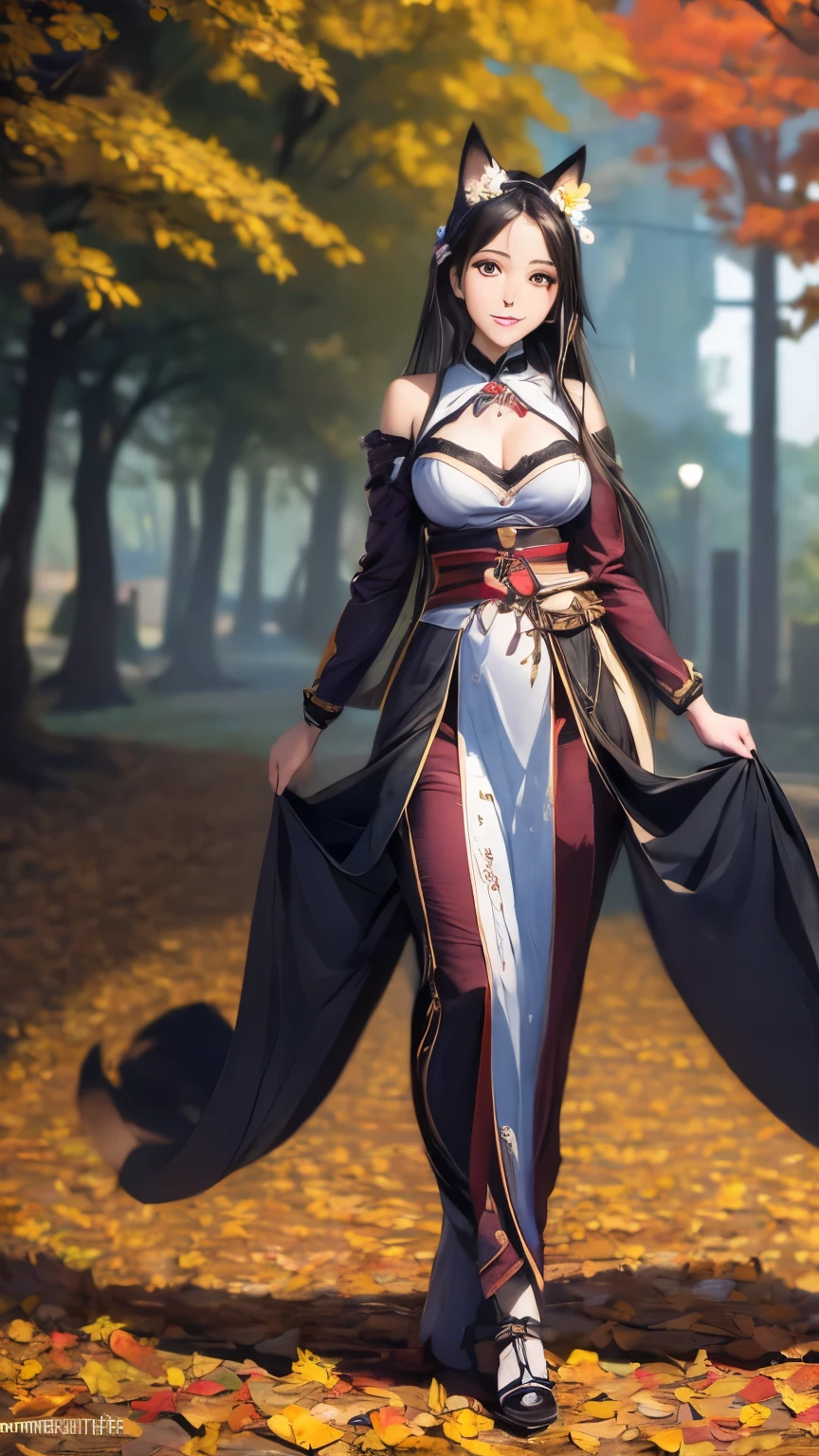 best quality, (masterpiece:1.35), wallpaper, (illustration), original, (depth of field), (1girl:1.35), (solo), full body, dynamic, detailed face,mature female, adult, (old:1.3), Medium breasts, Amused, happy,miko clothing, flower trim,absurdly long hair, black hair,dog ears volumetric lighting, fall leaves, Tyndall effect,