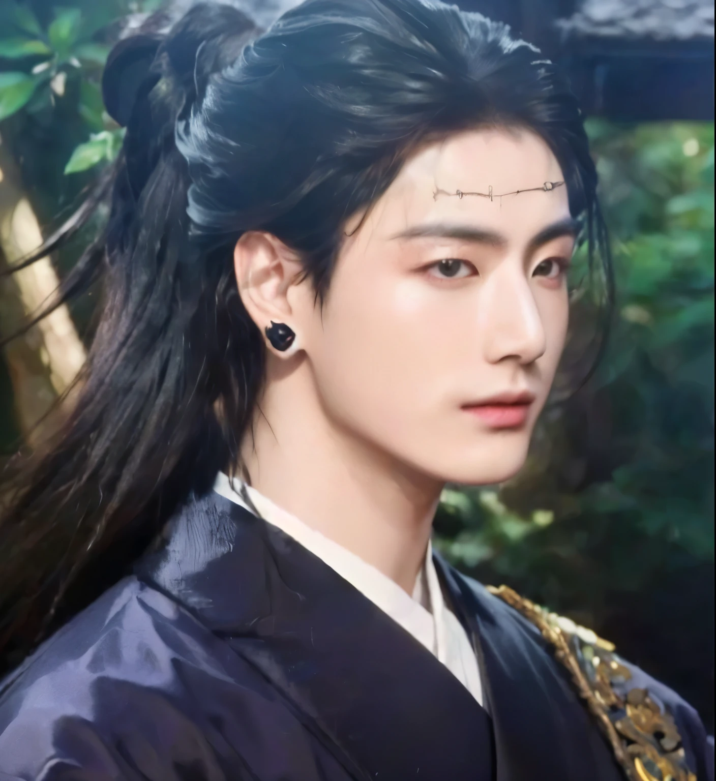 um close up de uma pessoa com um cabelo preto e uma jaqueta preta, inspirado em Wu Daozi, cai xukun, handsome androgynous prince, inspirado em Zhang Han, Heise Jinyao, com seus longos cabelos negros, delicate androgynous prince, Taisho Roman, inspirado em Guan Daosheng, Zhao Yun, handsome prince