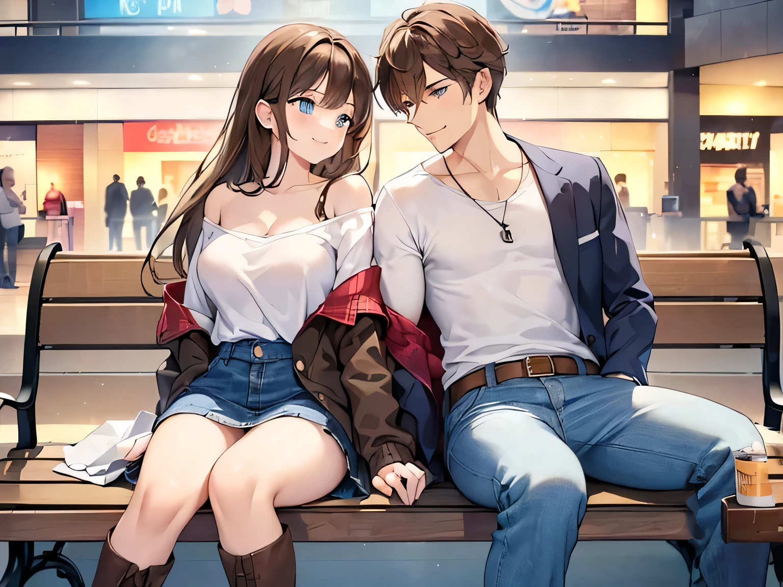 (Masterpiece, top quality, high resolution, realistic photo, realistic looking skin:1.1),
(Male and female couple sitting on a bench in a shopping mall:1.5),
(They both have smiling faces:1.5),
(Woman is wearing off-shoulder knit, mini skirt, long boots and long brown hair:1.8),
(The man is a handsome man wearing a T-shirt and a tailored jacket and denim:1.8),
(Location is a bench in a shopping mall:1.5),
Full-bodied Esbian, beautiful eyes, glowing eyes, glowing thighs, NSFW.
