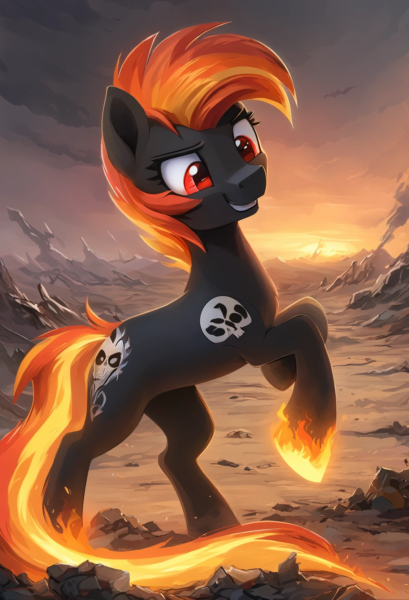 score_9, score_8_up, score_7_up, MLP, black fur, firey hair, red eyes, death, skull tattoo, desolate landscape, fire in the background, post-apocalyptic scene, only one pony, solo scene