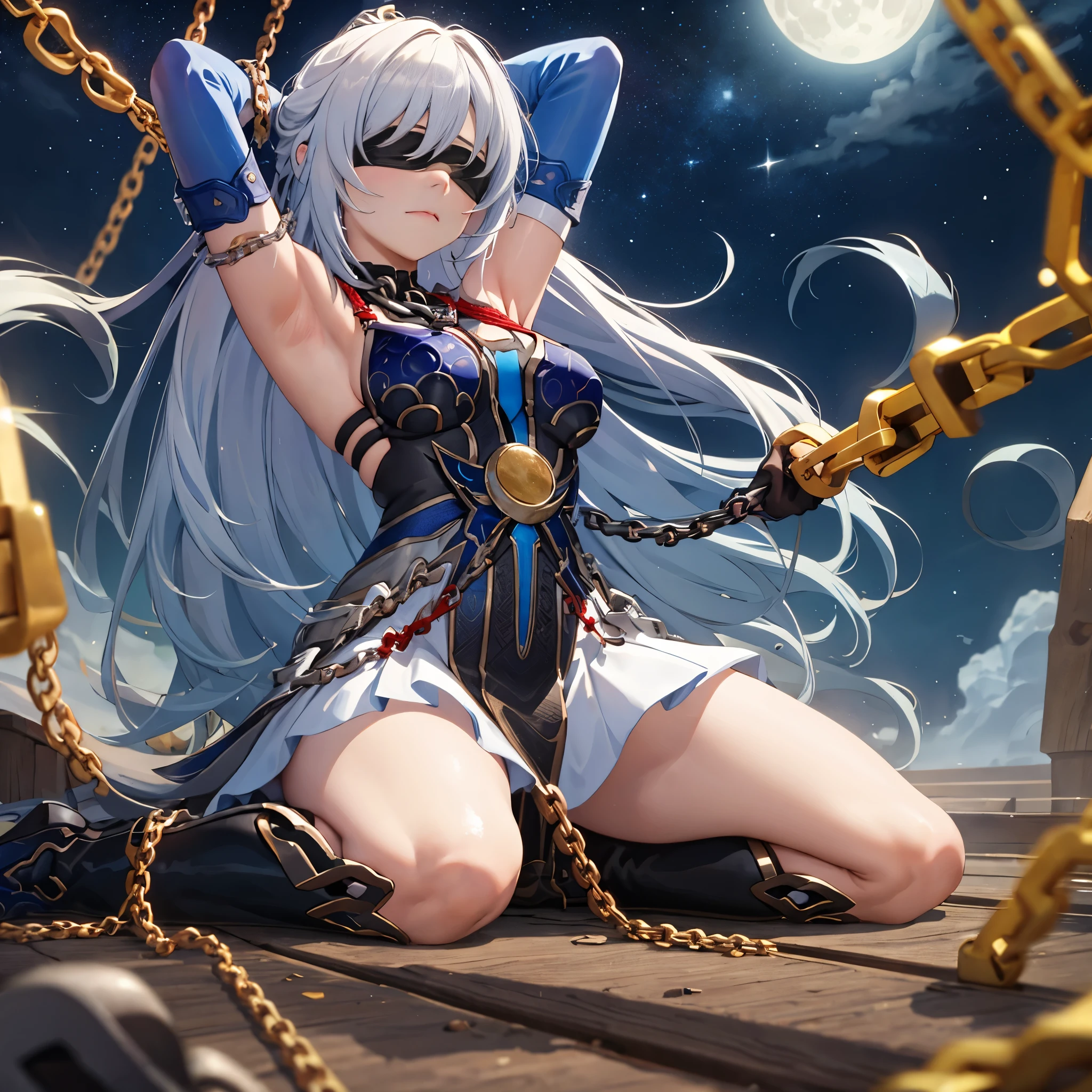 masterpiece, best quality, JingliuV5, 1girl, solo, gloves, gloves, dress, bare shoulders, closed mouth, boots, sky, black gloves, black footwear, blindfold, night sky, full moon, elbow gloves, armpits, arms up, ((chain, bound, restrained:1.3)), sitting, wariza, night, starry sky, sky, cowboy shot, view from below, far shot