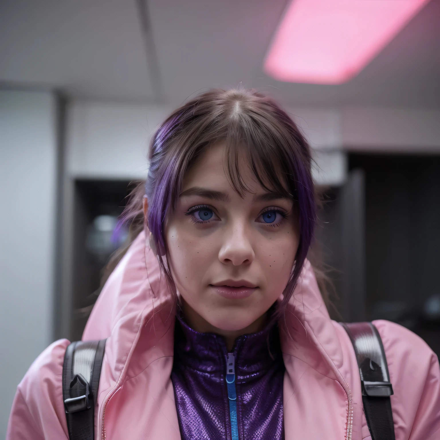 Photo of a college student, Purple Pink, futuristic spacesuit, (freckle:0.8) Cute face, Science Fiction, Dystopia, Delicate eyes, Heterochromia of the Eyes（（Cobalt blue background））