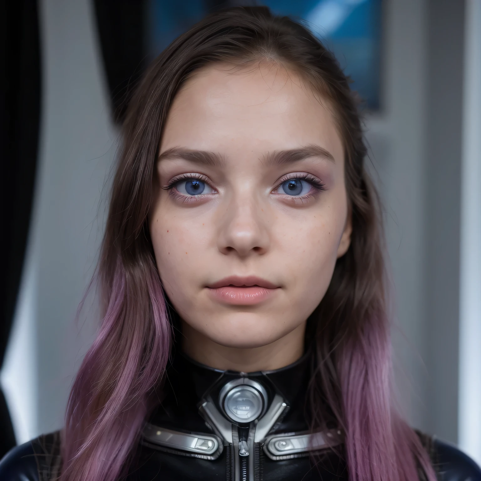 Photo of a college student, Purple Pink, futuristic spacesuit, (freckle:0.8) Cute face, Science Fiction, Dystopia, Delicate eyes, Heterochromia of the Eyes（（Cobalt blue background））