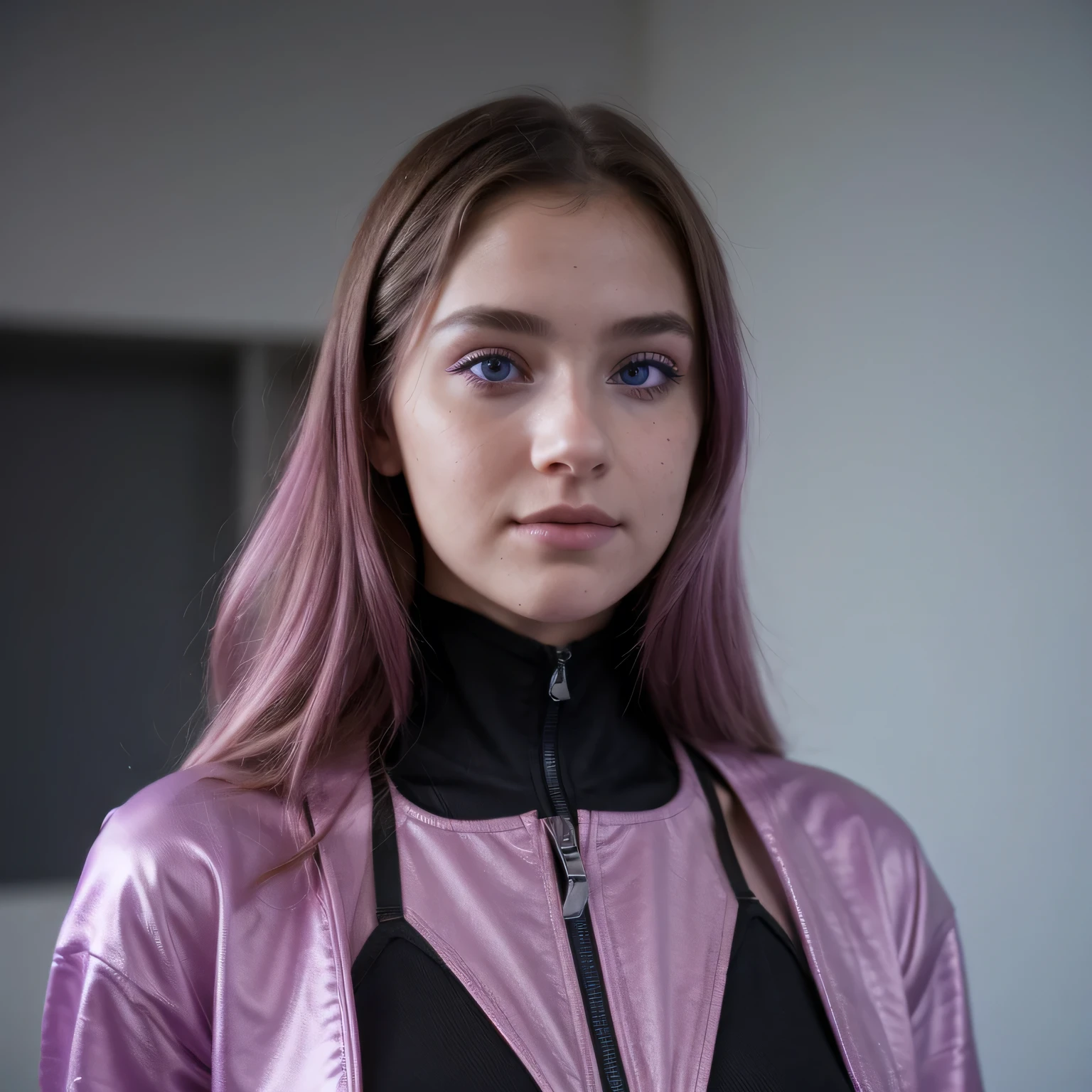 Photo of a college student, Purple Pink, futuristic spacesuit, (freckle:0.8) Cute face, Science Fiction, Dystopia, Delicate eyes, Heterochromia of the Eyes（（Cobalt blue background））